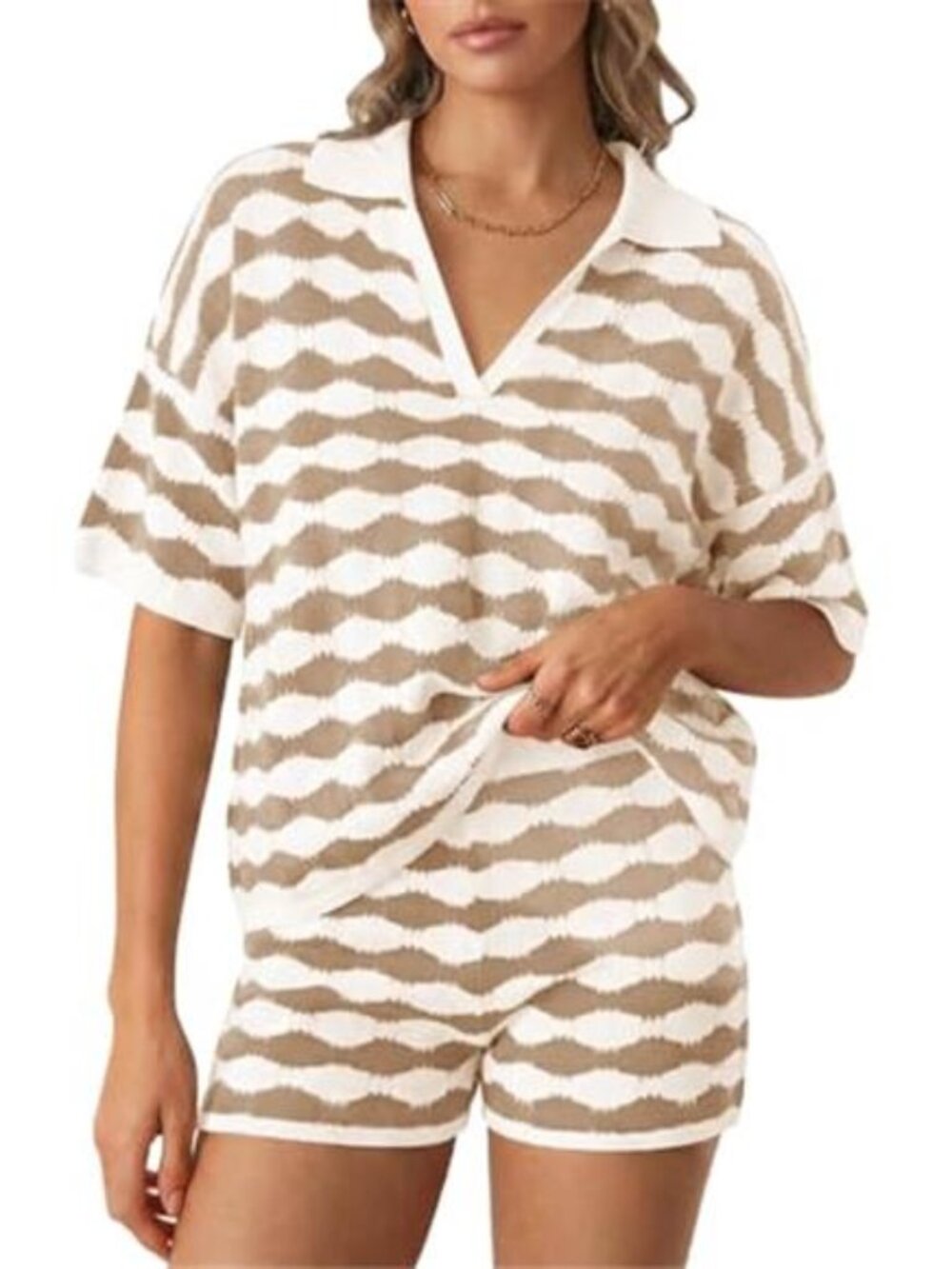 Womens Summer 2 Piece Sweater Sets Striped Knit Short Sleeve Collared V Neck